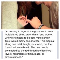 a man and woman are touching each other's hands with the words, according to legend, the gods would tie an invisible red string around men and women who were meant to be soul mates