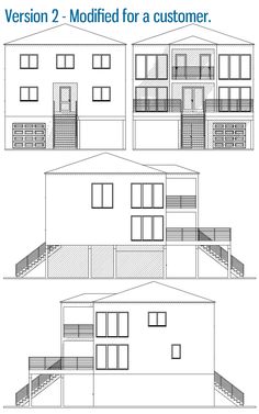 three different views of a house with windows and balconies on the second floor