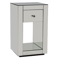 a white cabinet with a mirror on the bottom and one drawer in the middle, against a white background