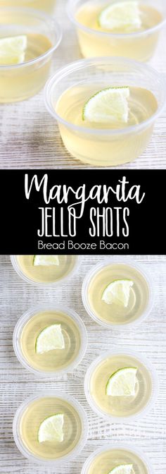 margarita jello shots in small plastic cups with lime wedges on the side and text overlay