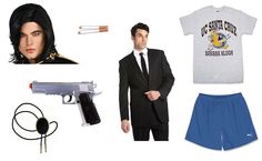 a man in a suit and tie next to items from the movie rocky star wars