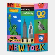 the new york subway poster is shown with many different things in it's colors