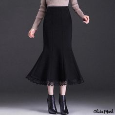 Olivia Mark - Lace-Panelled Mermaid Pencil Skirt with High Waist for Women Mermaid Midi Skirt, High Waisted Maxi Skirt, Lace Pencil Skirt, Wrap Around Skirt, Knit Midi Skirt, Black Tweed, Mermaid Style, Long Sleeve Print Dress, Mermaid Skirt