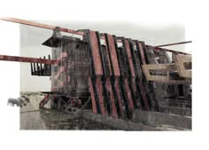 an abstract photo of a building with red and black metal structures on the outside, against a cloudy sky