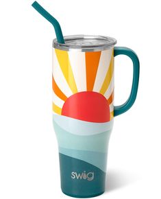 a colorful cup with a straw in it and the words swig on it is sitting against a white background