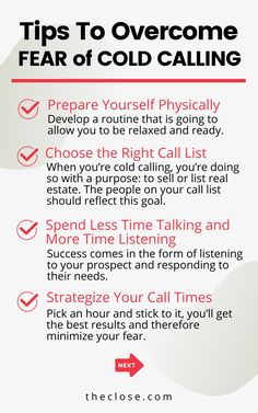 a poster with the words tips to overcome fear of cold calling in red and white