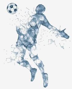 the silhouette of a soccer player is depicted in blue and white geometric lines on a white background