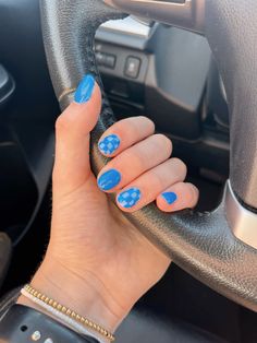 Summer nails! Simple checker design How To Do Checkerboard Nails, Checkered Nails Blue, Simple Nails 2024, Cute Checkered Nails, Boy Mom Nails, How To Do Checkered Nails, Short Checkered Nails, Checkered Flag Nails, Short Nail Designs Blue