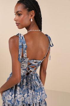 Spend your sunny days looking oh-so-sweet in the Lulus Lovely Bliss Blue Floral Jacquard Strapless Bustier Midi Dress! Lightweight woven fabric, with a romantic jacquard floral design, shapes tying shoulder straps that support a bustier-style bodice with padded cups and a sweetheart neckline with ruffled trim. Turn around to reveal a flirty, lace-up detail at the back. Fitted waist tops a tiered skirt that falls to a midi hem. Hidden zipper/clasp at back. Fit: This garment fits true to size. Len Newest Ideas, Bustier Midi Dress, Design Shapes, Strapless Bustier, Adhesive Bra, Floral Jacquard, Lace Back, Tiered Skirt, Floral Midi Dress