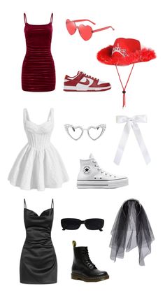 a bunch of clothes and accessories are arranged on a white background, including shoes, bras, hats, sunglasses, and hair clips