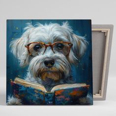 a painting of a dog with glasses reading a book