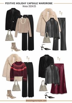 Create stunning winter holiday party looks with elegant combinations from the burgundy and beige festive capsule wardrobe. These dressy party outfit ideas blend sophistication and versatility, making it easy to shine at every celebration this season. Perfect for styling festive looks with minimal effort. See all fashion styling tips at dressingyourstyle.com Holiday Party Looks, Fashion Styling Tips, Burgundy And Beige, Party Outfit Ideas