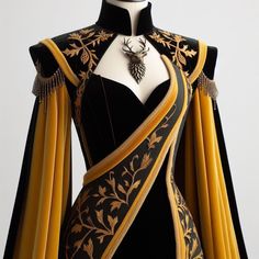 Black And Gold Princess Dress, Black And Gold Medieval Dress, Fantasy Dress Design Art, Fantasy Robes, Fantasy Clothing Design, Fantasy Costume Design, Animated Clothing, Manhwa Fashion, Royal Attire