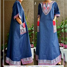 One Size Fits Most L- 2xl Women Long Denim Dress. Has Printed Traditional Dashiki Trims. Has Two Front Pockets And Two Side Slits. Matching Denim Head Scarf Included. Long Denim Dress, Nigerian Dress, Multicolor Maxi Dress, Red Bandage Dress, Ankara Long Gown Styles, Dashiki Dress, African Outfits, Ankara Fashion, Ribbed Maxi Dress