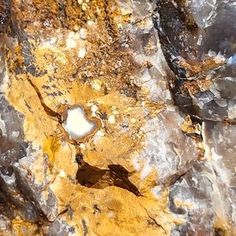 an abstract painting with yellow and brown colors on the rock surface, including small holes in the rocks