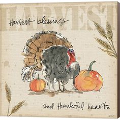 a thanksgiving card with a turkey, pumpkins and wheat stalks on the front cover