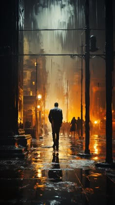 a man walking down a street at night