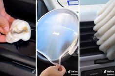 three pictures showing how to clean an air freshener dispenser in a car