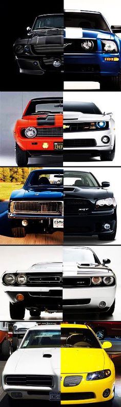 four different colored cars are shown side by side in this collage with the same color