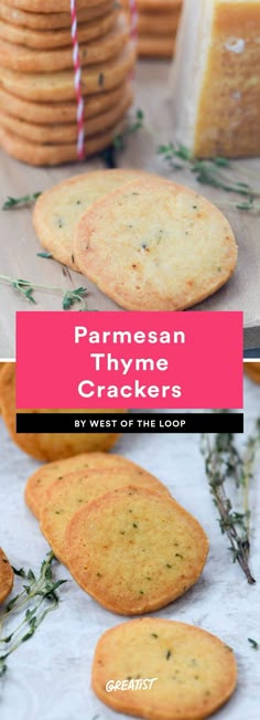 homemade parmesan thyme crackers with rosemary sprigs on the side