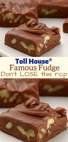 chocolate fudge bars on a white plate with the words toll house written above them