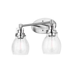 two light bathroom fixture in chrome finish with clear glass globe shades and polished metal arms