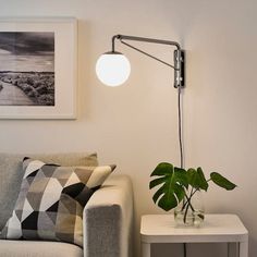 a living room scene with focus on the floor lamp and plant next to the couch