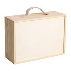 a wooden box with a handle on the top and bottom, sitting against a white background