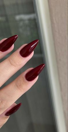 Dark Red Gel X Nails, Red Claws Nails, Darker Red Nails, Dark Cherry Almond Nails, Old Fashion Nails, Burgundy Pointy Nails, Nail Inspo Cherry Red, Acrylic Nails Ideas Dark