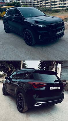 the side and back view of a black suv