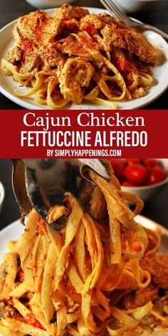 two plates with chicken fettuccine alfredo on them and the title reads, cajun chicken fettuccine alfredo