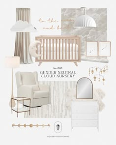 a baby's nursery with neutral colors and accessories