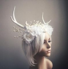 Winter Stag Headdress, white, sparkly, fantasy, wedding, bridal, crown, cosplay, halloween, costume, fairytale, burning man, deer, antlers Lumpy Space, Witch Costumes, Ascot Hats, Fairy Wedding, Fantasy Wedding, Fantasy Costumes, Bridal Crown, Costume Hats