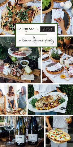 a collage of photos with food, wine and people at an outdoor dinner party