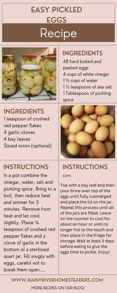 the ingredients for pickled eggs are shown in this recipe chart, which includes instructions to make