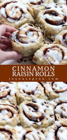 cinnamon raisin rolls with icing on top and in the middle, stacked together