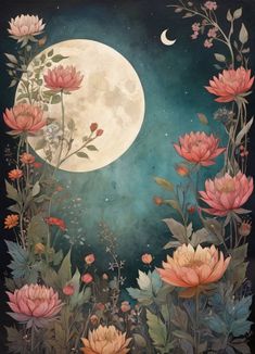 a painting of flowers and the moon