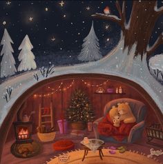 a painting of a teddy bear sitting in a chair next to a christmas tree