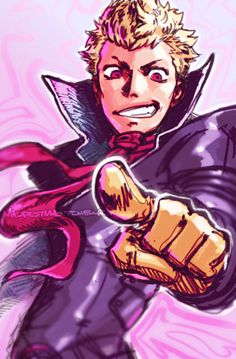 a drawing of a man with blonde hair wearing a purple suit and holding a knife