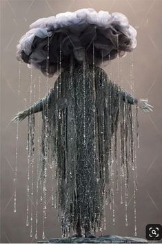 an image of a person covered in rain falling from a cloud over their head and hands