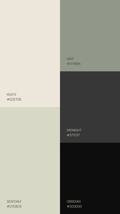 four different shades of gray and green with the names of each color in white, blue,