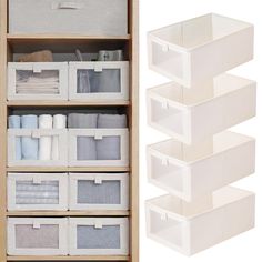 three white storage bins are stacked on top of each other in front of a wooden shelf