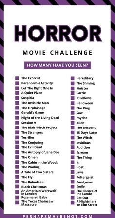 the horror movie challenge is shown in this purple and black checkerboard poster with text