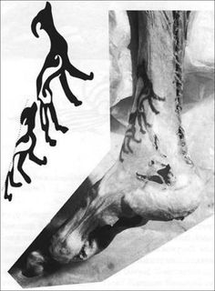 a black and white photo of a person's foot with the image of an animal on it