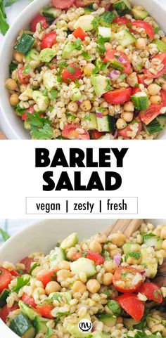 barley salad with vegetables and chickpeas in a white bowl