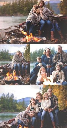 a family sitting around a campfire in the woods