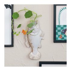 a fish shaped planter hanging on the wall next to two framed pictures and a potted plant