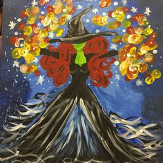 a painting of a woman wearing a witches hat and holding her arms in the air