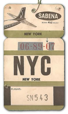 an old luggage tag that says new york and the name sabena on it