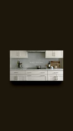 an image of a kitchen setting with white cabinets and counter tops that say family mama